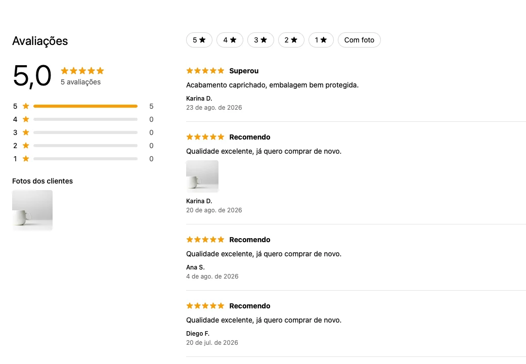 Avaliações de um produto na loja, com nota média, filtros e foto de cliente