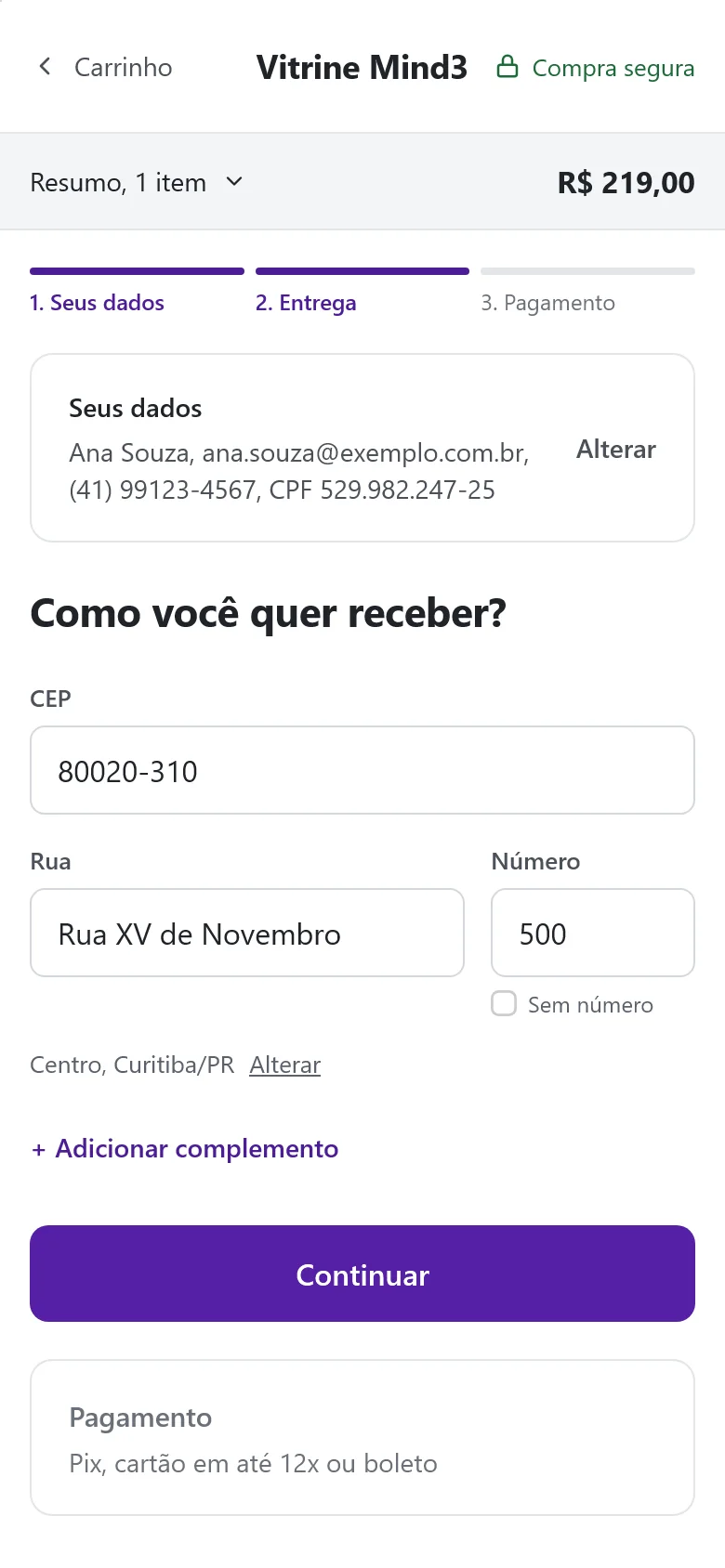 Checkout no celular com o endereço preenchido pelo CEP