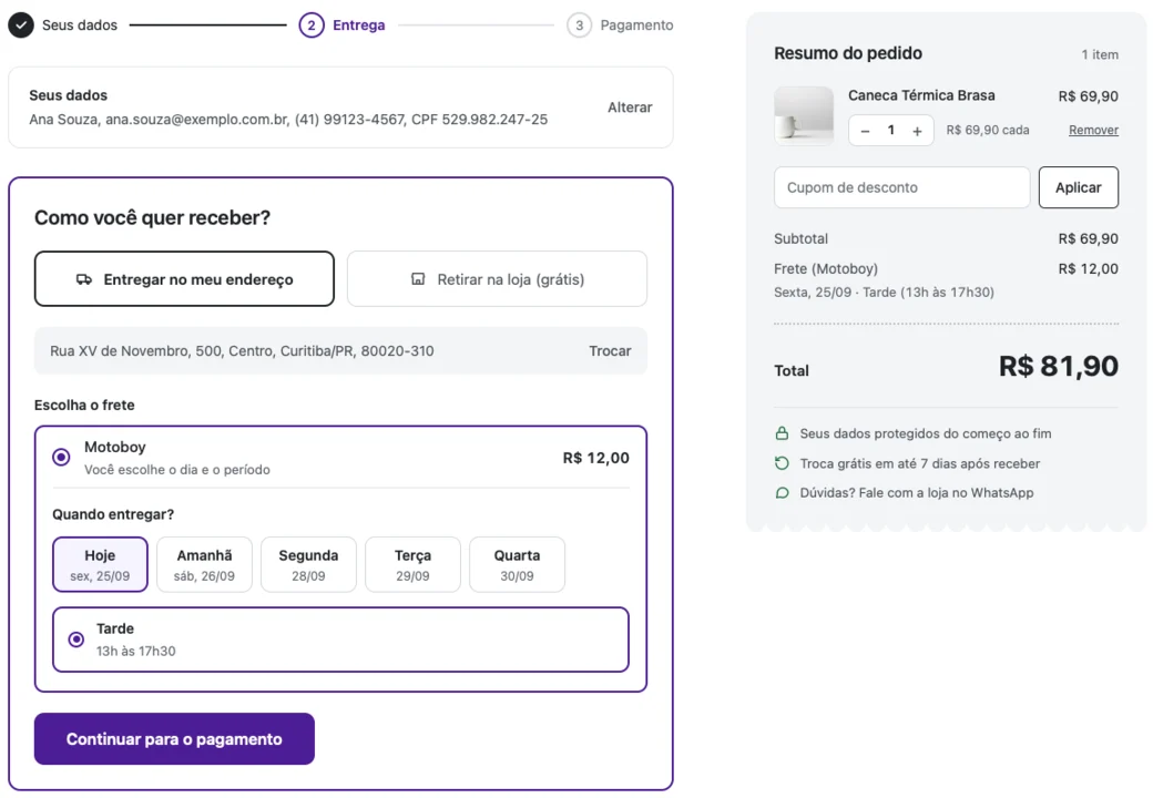 Etapa de entrega do checkout, com motoboy selecionado e a escolha do dia e do período