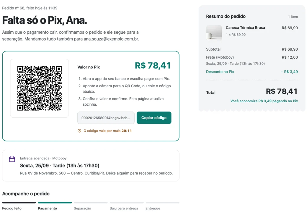 Página do pedido com o QR Code do Pix, o valor com desconto e a entrega agendada