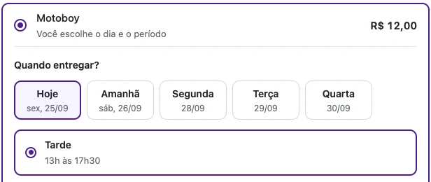 Escolha do dia e do período de entrega do motoboy no checkout