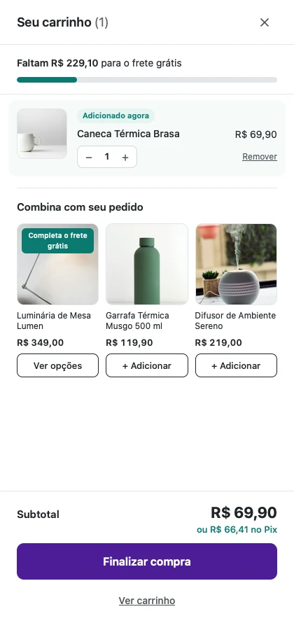 Carrinho lateral com a barra do frete grátis e três sugestões